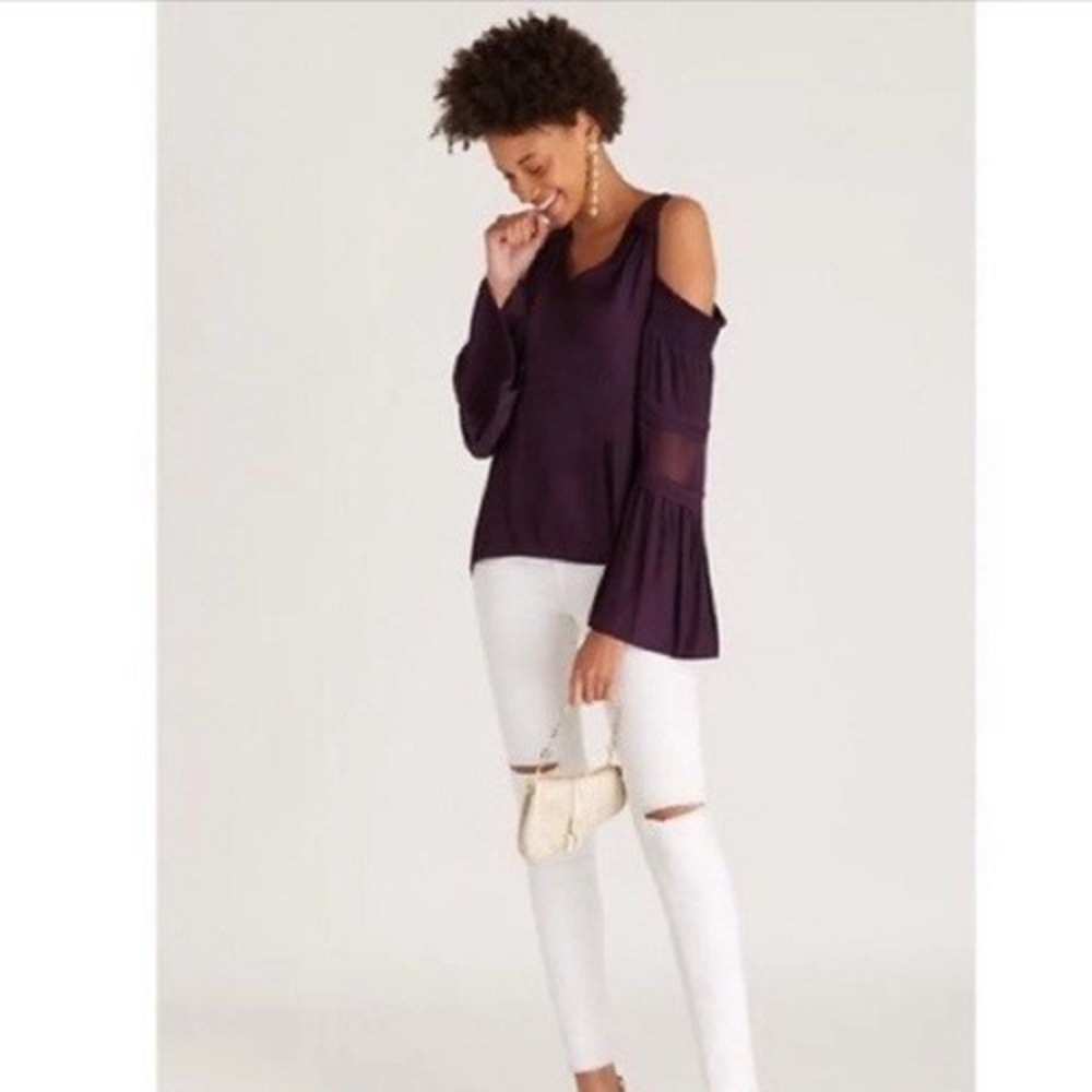 Ramy Brook Blouse Faretta Merlot Off Shoulder Purple‎ Silk Size Small Romantic